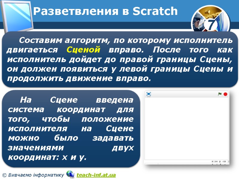 Разветвления в Scratch Составим алгоритм, по которому исполнитель двигаеться Сценой вправо. После того как Разветвления в Scratch Составим алгоритм, по которому исполнитель двигаеться Сценой вправо. После того как